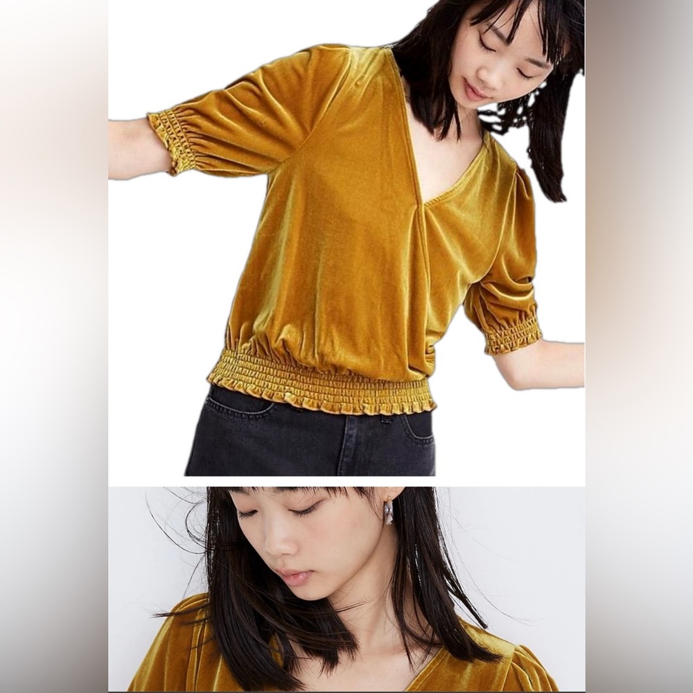 Madewell top Golden Mustard Velvet Smocked Crossover shirt Medium‎ jcrew j.crew